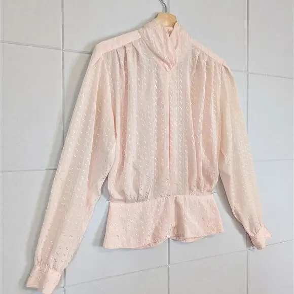 Vintage 80s pink high neck pleated satin romantic blouse - Picture 2 of 7